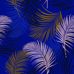vector seamless beautiful artistic bright tropical leaves pattern with exotic forest. Colorful original stylish floral background print, bright rainbow colors on dark blue background.