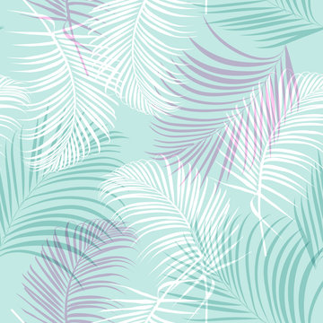 vector seamless beautiful artistic bright tropical leaves pattern with exotic forest. Pastel original stylish floral background print, bright rainbow colors on sky blue background.