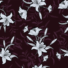 Trendy seamless outline monotone flowers with burgundy color and leaves background.