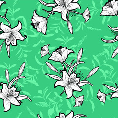 Trendy seamless outline monotone flowers with vivid green mint color and green leaves background