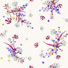 Trendy  gentle Floral pattern in the many kind of flowers. botanical  Motifs scattered random. Seamless vector texture for fashion prints. Printing with in hand drawn style soft pink background.