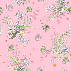 Vector soft blooming floral pattern, delicate flowers, yellow, blue and pink flowers, greeting card template on sweet pink background.