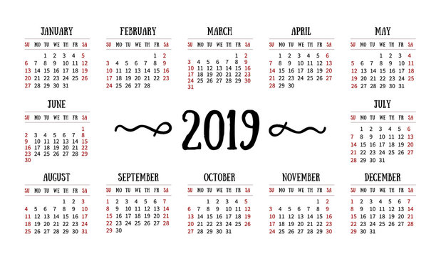 Vector calendar grid for 2019 on white background.