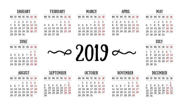 Vector calendar grid for 2019 on white background