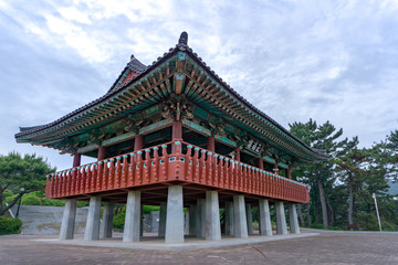 Traditional Korean style pavilion at Okpo great vitory commemoative park  on Geoje island, Gyeongsangnam-do, South Korea.