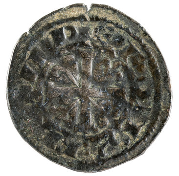 Ancient medieval fleece coin of the King Alfonso IX. Obolo. Spain. Obverse.