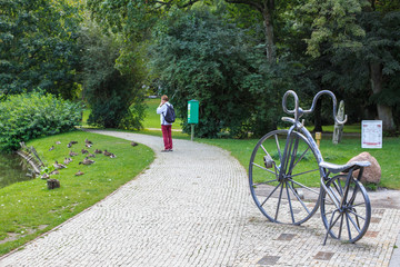 Historic Bicycle in Allee of Cycling Stars in Spa Park in Naleczow