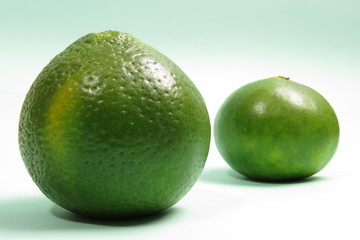 green tangerine on green background