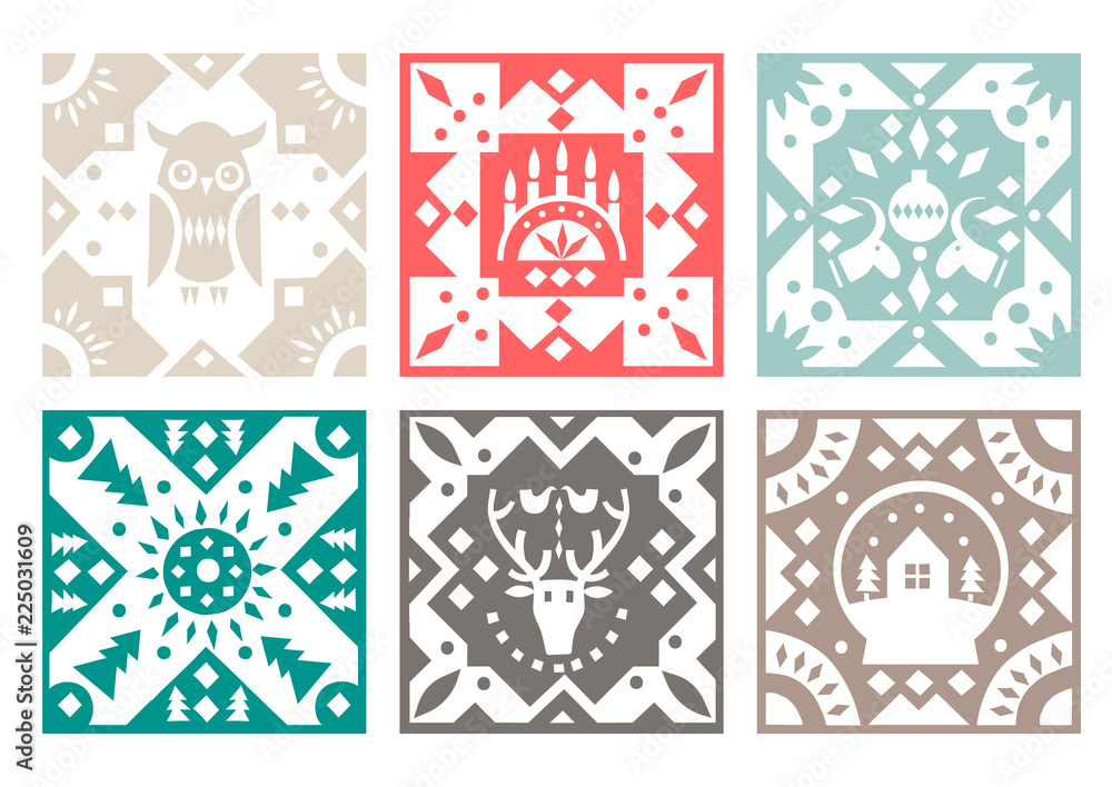 Aufkleber set of original monochrome square tiles with folk rustic patterns. for christmas design.