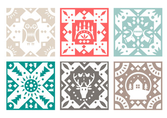 Set of original monochrome square tiles with folk rustic patterns. For Christmas design.