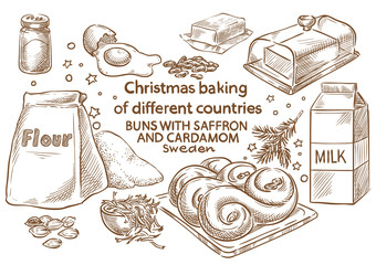 Christmas baking. Ingredients.Buns with saffron and cardamom.Sweden
