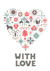 Vector concept of Christmas card. Heart made of festive symbols and an inscription 