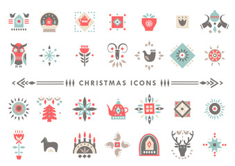 Vector set of colorful Christmas icons in scandinavian flat style. - obrazy, fototapety, plakaty