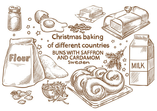 Christmas baking. Ingredients.Buns with saffron and cardamom.Sweden