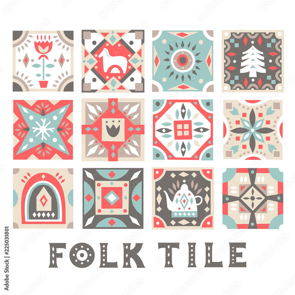 Aufkleber set of original flat square tiles with folk rustic patterns. for christmas design.