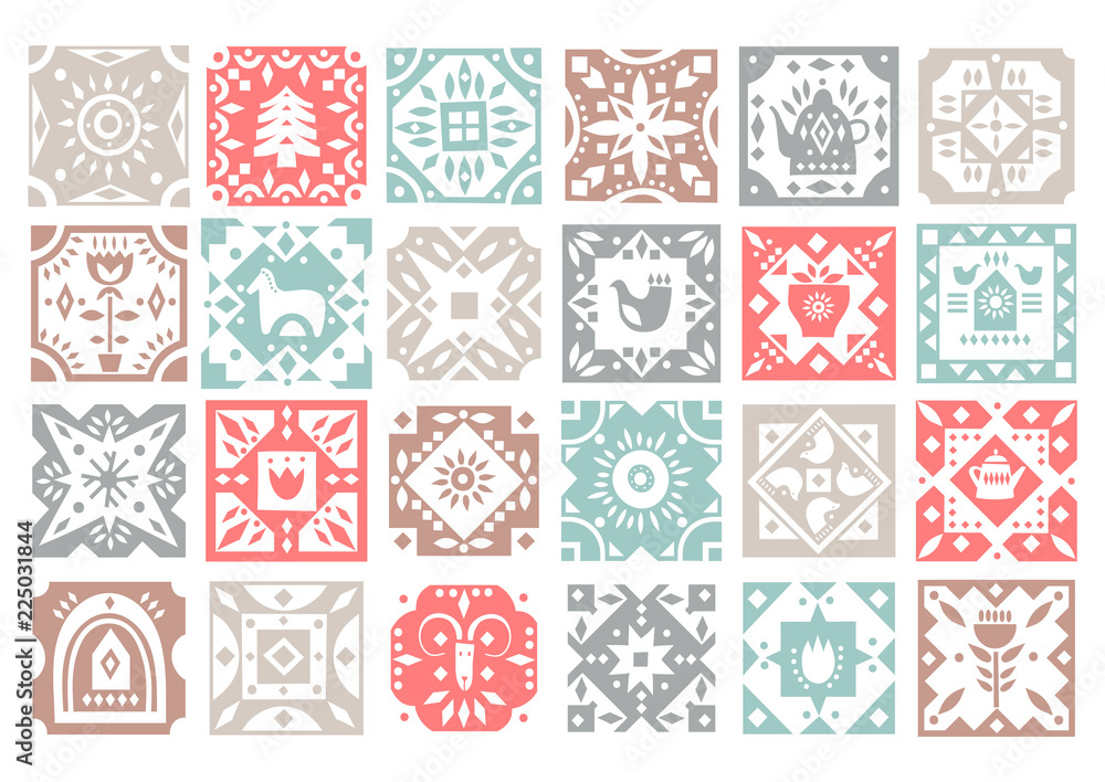 Poster set of original monochrome square tiles with folk rustic patterns. for christmas patterns, kitchen d