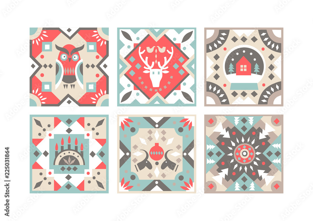 Poster set of original flat square tiles with folk rustic patterns. for christmas design.