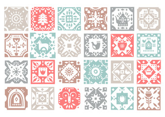 Set of original monochrome square tiles with folk rustic patterns. For Christmas patterns, kitchen design.