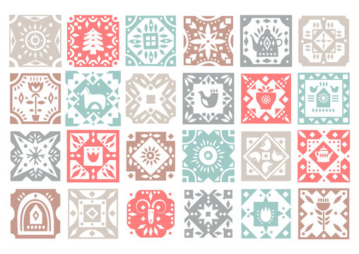 Set of original monochrome square tiles with folk rustic patterns. For Christmas patterns, kitchen design.
