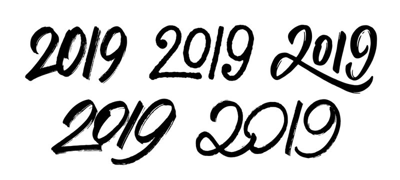Decoration elements for New Year 2019. Set 5 with handwritten numbers for Chinese for Year of the Pig. Vector illustration.