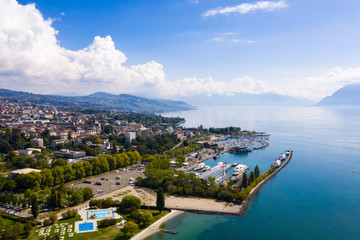 Fototapeta na wymiar Aerial view of Ouchy waterfront in Lausanne, Switzerland