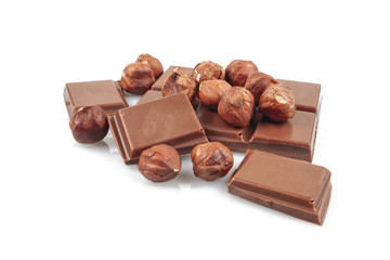 Hazelnut with chocolate on white background, isolate.