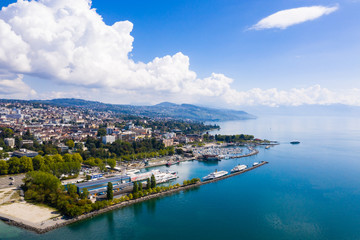 Fototapeta na wymiar Aerial view of Ouchy waterfront in Lausanne, Switzerland