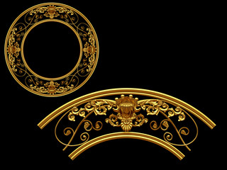 golden ornamental segment, ”gentle", round version, ninety degree angle, for corner or circle, 3d Illustration, combineable with the fourtyfive degree or straight version