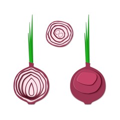 Set of paper cut red bulb onions. Vector paper cut design in the form of half slice onion for design of food packaging. Vector illustration. Paper applique art style vegitable. Origami concept.