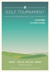 Foto auf Acrylglas Retro style golf club poster. Blue sky and green golf field. Golfclub competition poster. Championship or tournament text placeholder. Template for golf competition or championship event. © ikonstudio