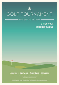 Retro style golf club poster. Blue sky and green golf field. Golfclub competition poster. Championship or tournament text placeholder. Template for golf competition or championship event.
