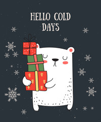Vector line drawing postcard with cute winter bear and cozy slogan in flat design