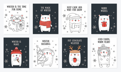 Vector line drawing postcard collection of cute winter bears and cozy slogan in flat design