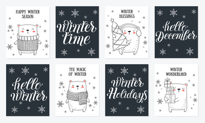 Vector line drawing collection of cute winter bears