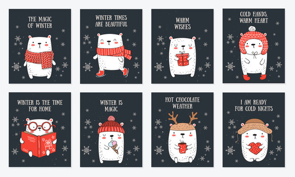 Vector line drawing postcard collection of cute winter bears and cozy slogan in flat design