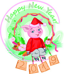 Fototapeta na wymiar 2019 Happy New Year greeting card. Celebration white background with sweet funny pink pig in red pullover and cap. Vector Illustration