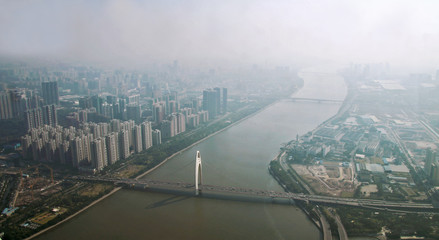 Guangzhou and brige over Pearl river view from windows of Canton tower