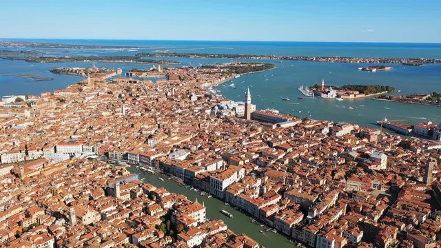 Aerial panoramic view of cityscape of Venice, Grand Canal in famous historical "City of Water", landscape panorama of Italy from above, Europe