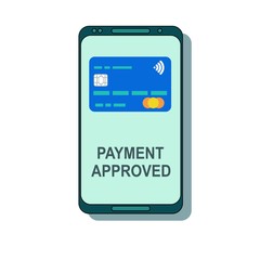 Payment completed message on a mobile phone screen. Stock flat vector illustration.