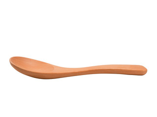 Close up of brown and warm color empty wooden spoon isolated on white background.Spoon is a small,...