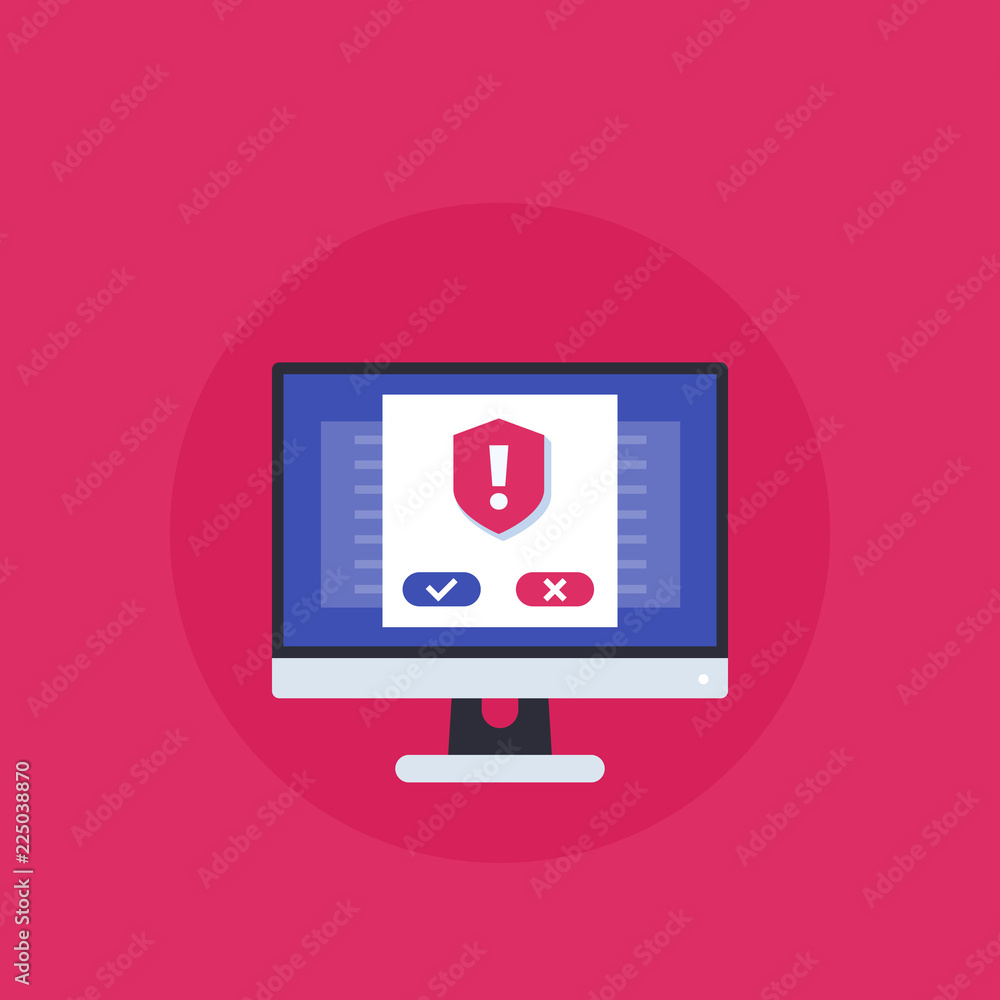 Poster security notification, warning on computer screen, vector icon