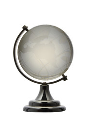 Retro small glass transparent globe model with silver color stand isolated on white background.Map of South America. Represent global concept such as earth,ecology,trade,business,science,international