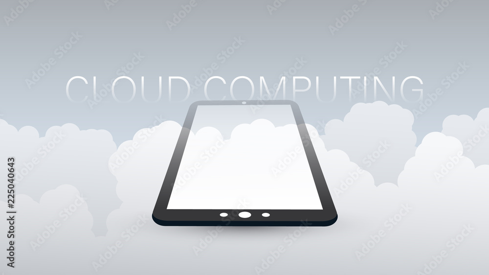 Poster cloud computing design concept with tablet pc and clouds - digital network connections, technology b