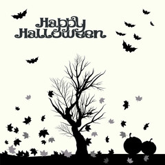 Halloween landscape in black and white graphic with the inscription of happy Halloween