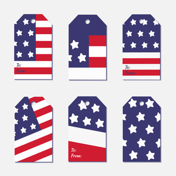 Set of gift tags with american flag, cropped images. Vector of greeting USA Independence Day