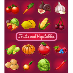 Poster with a picture of ripe and healthy vegetables and fruit isolated on red background. Organic food healthy diet and fitness menu. Vector cartoon close-up illustration.