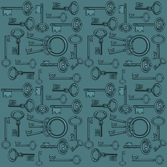 Sketch with ornament vintage forged keys isolated on gray background. Vector cartoon close-up illustration.