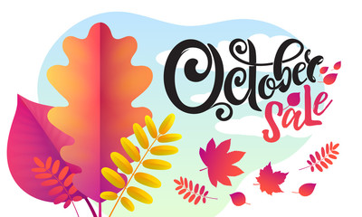 Obraz premium Vector hand written beautiful lettering text October Sale Decorated with bouquet autumn falling leaves.