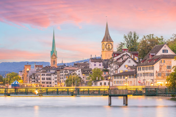 Beautiful view of historic city center of Zurich at sunset