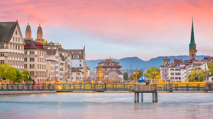 Fototapeta premium Beautiful view of historic city center of Zurich at sunset